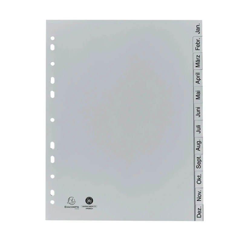 Exacompta - Ref 1812B - Cardboard of 25 Monthly Printed dividers Recycled PP Grey - Januar-Dezember (German) - 12 Positions - A4 - Grey - Image 1
