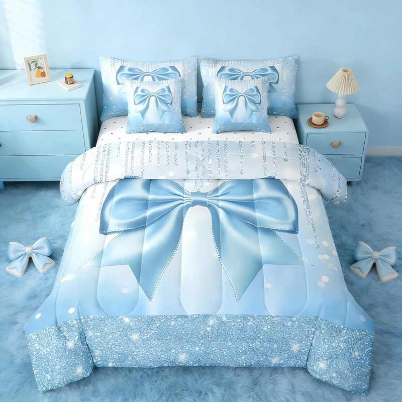 Feelyou Kids Cute Bowknot 7 Pieces Bedding Set Queen Size, Dreamy Princess Comforter Set with Sheets Boys Girls Glitter Bed in A Bag Blue Bow Teens Bed Set Bedroom Decor 7Pcs