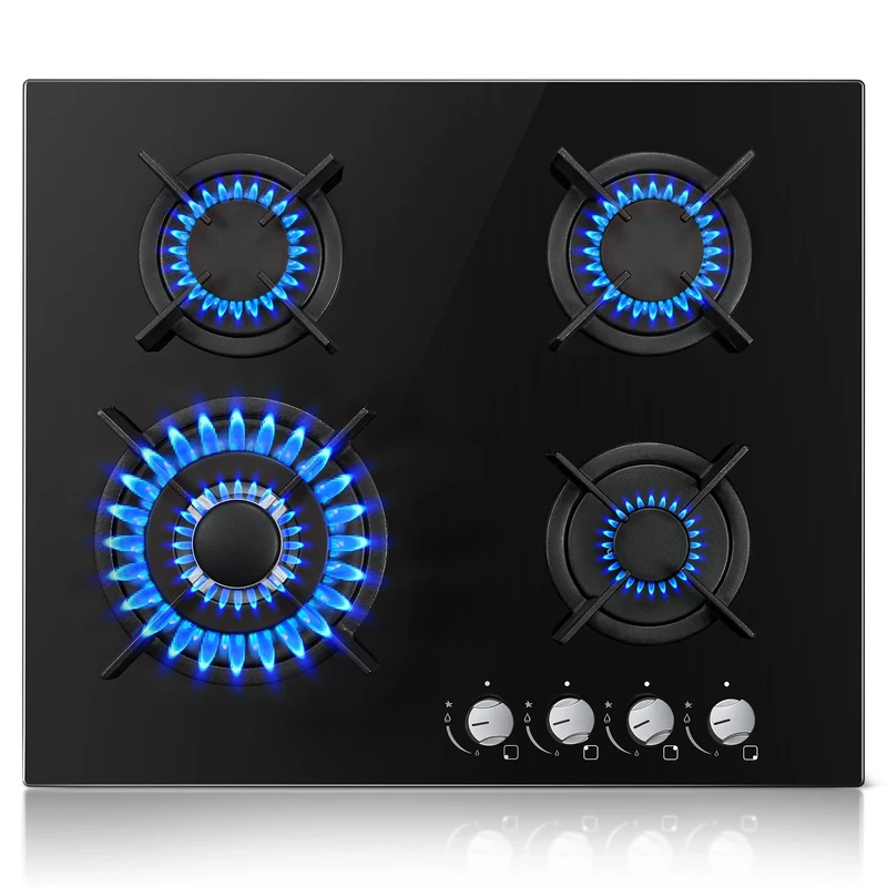TopStrong 4 Burner Black Glass Gas Hob with Wok Burner, 60cm Cooker, Flame Out Protection, 8060W Gas Cooktop, NG/LPG Convertible
