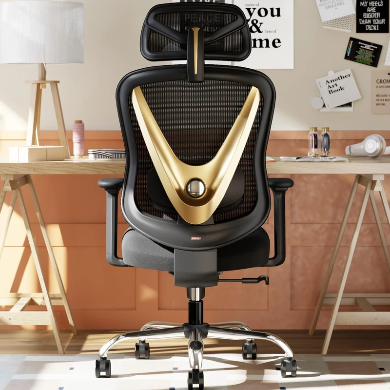 HOLLUDLE Ergonomic Office Chair with 3D Lumbar Support & 3D Adjustable Armrests – V-Back Design, Comfortable Desk Chair for Office & Home, Black and Gold
