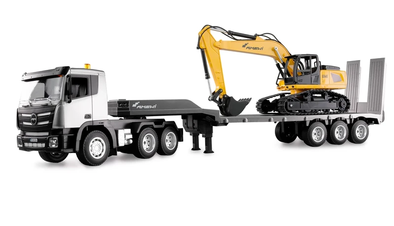 Amewi 2-in-1 Set Truck with Low Loader and Excavator 1:24 RTR Remote Controlled RC Construction Site Children 8 Years, Anthracite/Black/Yellow