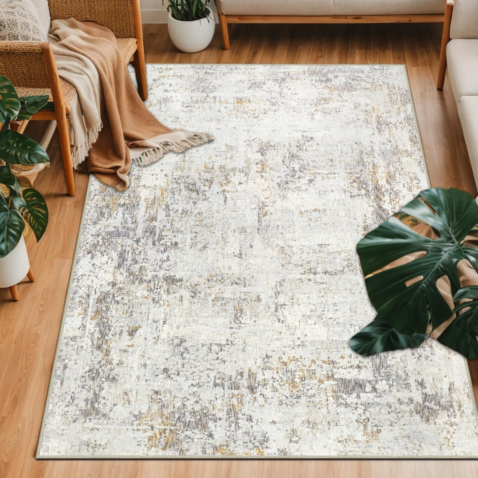 Capslpad Beige Abstract Area Rug 60x110cm Modern Short Pile Soft Faux Wool Halway Runner Rug Washable Indoor Rug Non Slip Minimalist Floor Mat Rugs for Bedroom Office Area Kitchen Decor