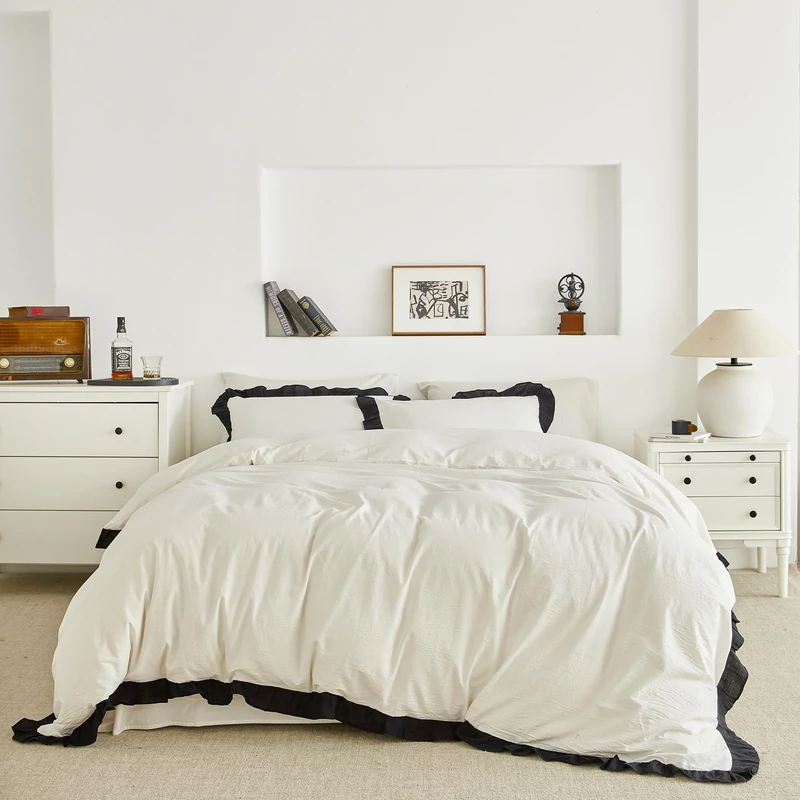SUSYBAO Ruffle Duvet Cover Queen 100% Washed Cotton Black Ruffled Duvet Cover 3 Pieces Set 1 Cute Black White Lace Duvet Cover with Zipper Ties 2 Pillow Shams Soft Farmhouse Princess Bedding Set