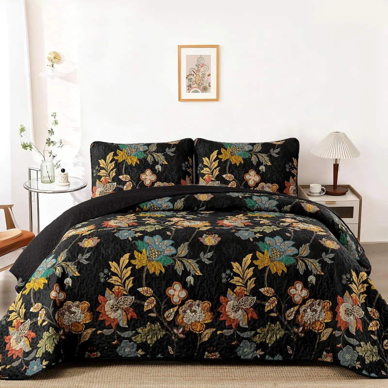 WONGS BEDDING Floral Quilt Set King Size, Black Botanical King Bedspread Bedding Sets, 3 Pieces Quilt Set with 2 Pillowcases,Soft Lightweight Microfiber Coverlet Set for All Season(104"X90")