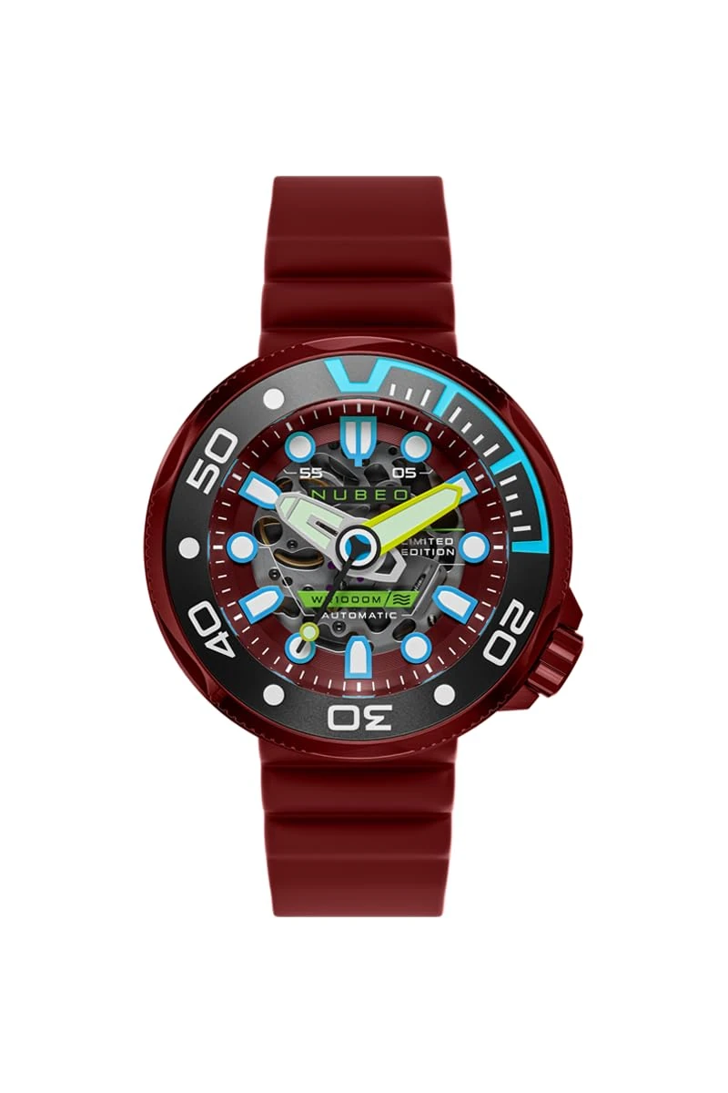 Nubeo Men's 50mm Ventana Skeleton Automatic Limited Edition Merlot Red Watch with Silicone Strap NB-6113-03