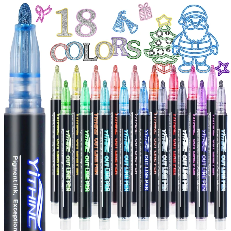 YITHINC Glitter Pens Outline Marker Pen, Arts and Crafts Gift for Kids Girls, Teenage Girls Gift, 18 Sparkle Metallic Colouring Pens, Easter Gifts for 4 5 6 7 8 9 10 11 12 Year Old Girls