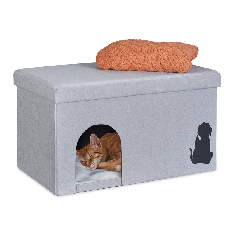 Relaxdays Cat Cave, 100kg Capacity Bench, Lid, Seat Cushion, HWD: 40.5 x 72 x 40.5 cm, Foldable Pet Den, Grey, Stainless steel, 37 x 28 x 28.5 cm