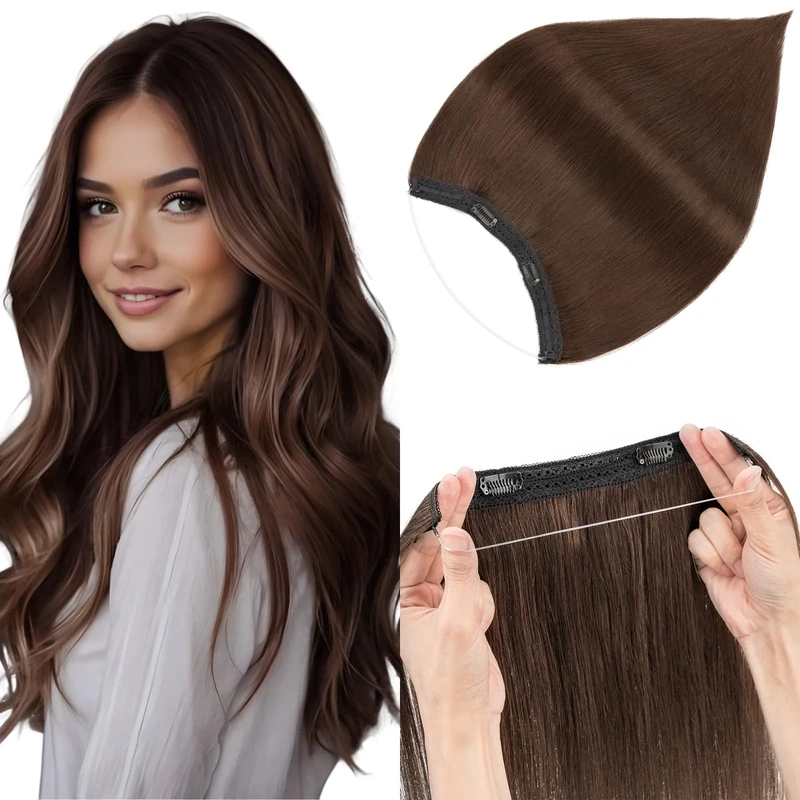 Elailite Hair Extension Real Human Hair One Piece Invisible Secret Wire Clip Headband Extension Straight (#04 Medium Brown, 18 Inch-65 g)