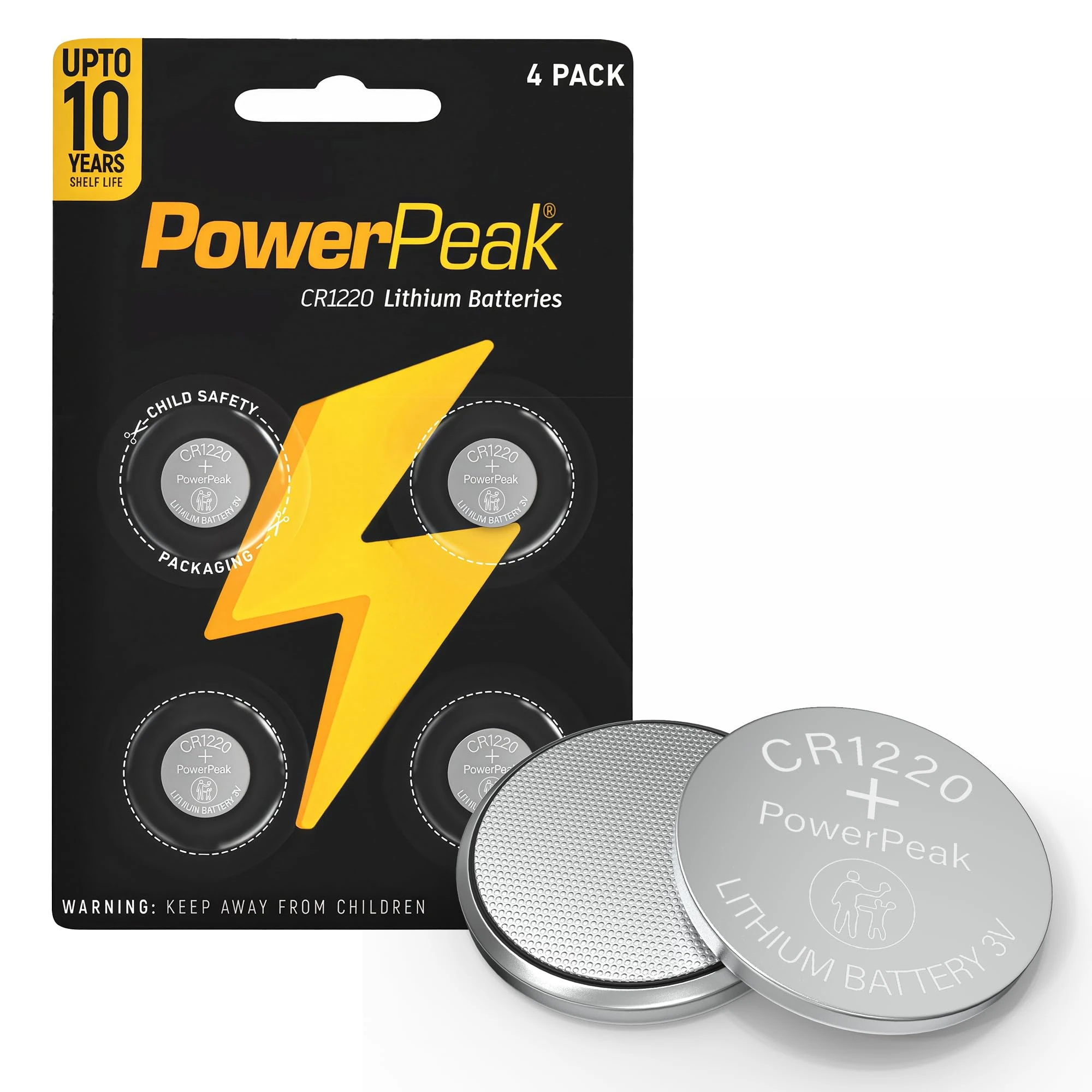 Power Peak CR1220 Battery - 3V Lithium Coin Cell Button Batteries - Suitable for Car Key Fob, Kitchen Scale, Watch, Remote Control, Toys - CR 1220 DL1220