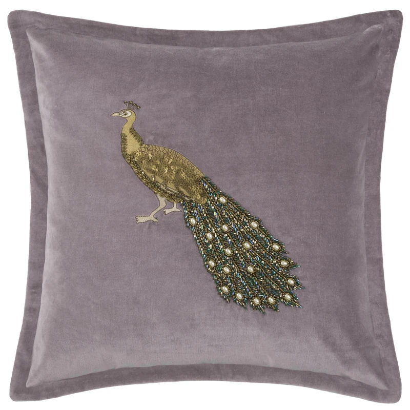 Voyage Maison Mayura Feather Filled Cushion – Velvet Embroidered Peacock Oxford Edge Anahita Luxury Décor (Lavender - 55x55cm)