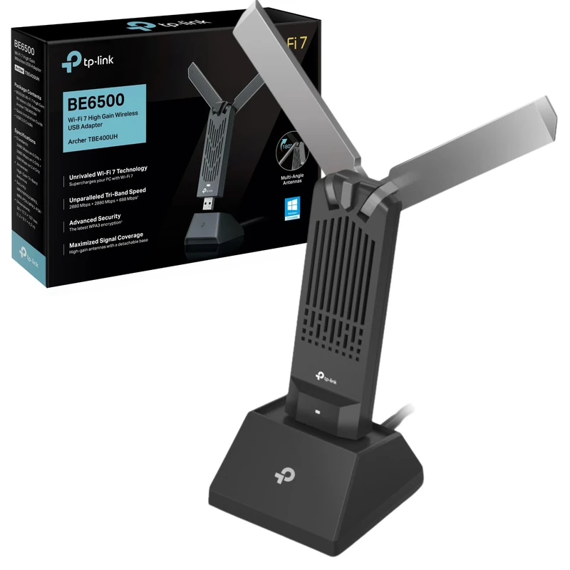 TP-Link Archer TBE400UH BE6500 WiFi 7 Dongle High Gain USB WiFi Adapter for PC, High-Gain Antenna, Tri-Band, MLO, WiFi Dongle for PC, USB WiFi Dongle 3.0, Win, OFDMA, MU-MIMO, Plug&Play, Flexible