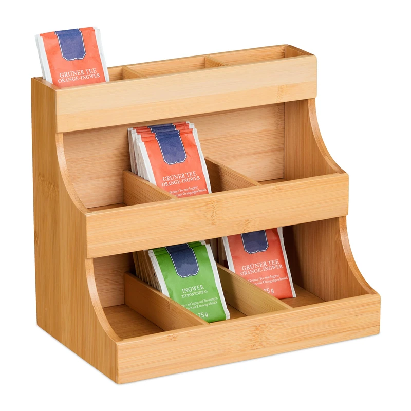 Relaxdays Tea Box, 9 Compartments, Organiser, Bag Storage, Bamboo, HWD: 24 x 26 x 17.5 cm, Vertical Tiered Rack, Natural, 24 x 26 x 17,5 cm