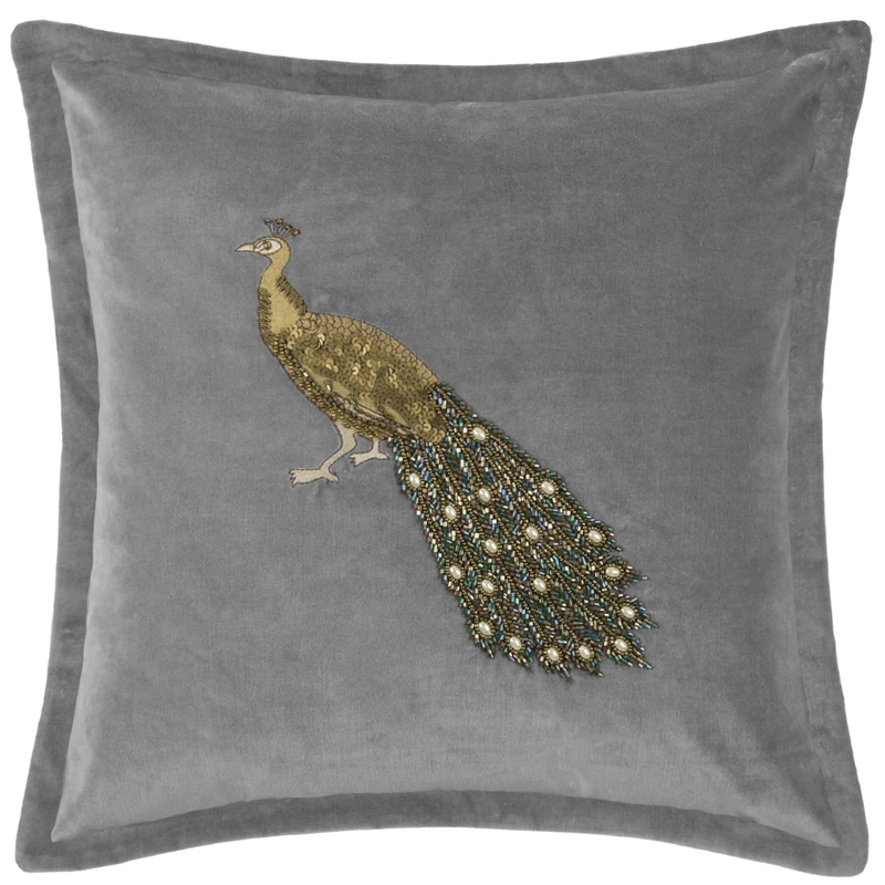 Voyage Maison Mayura Feather Filled Cushion – Velvet Embroidered Peacock Oxford Edge Anahita Luxury Décor (Steel - 55x55cm)