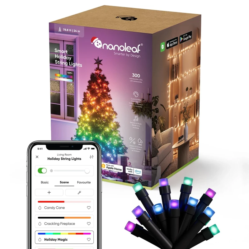 Nanoleaf 24M Smart Holiday String Lights with Christmas Scene, 300 Addressable RGB IC LEDs, Indoor & Outdoor, Music Sync, Matter over WiFi, Control via App Voice (Alexa, Apple Google Home), Room Decor
