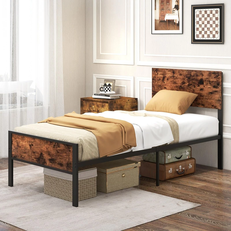 RELAX4LIFE 3FT Single Bed Frame, 35cm Metal Platform Bed with Rustic Headboard & Footboard, Industrial Metal Slats Support Bed Base Mattress Foundation, No Box Spring Needed