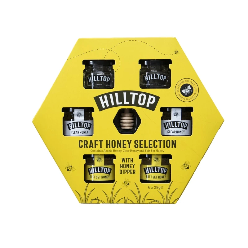 Hilltop Craft Honey Selection Box | 6 x 28g jars with a Wooden Honey Dipper | Acacia Clear Soft Set Pure and Natural Honey | Premium Quality and Tested for Authenticity | Dairy Nut and Gluten Free