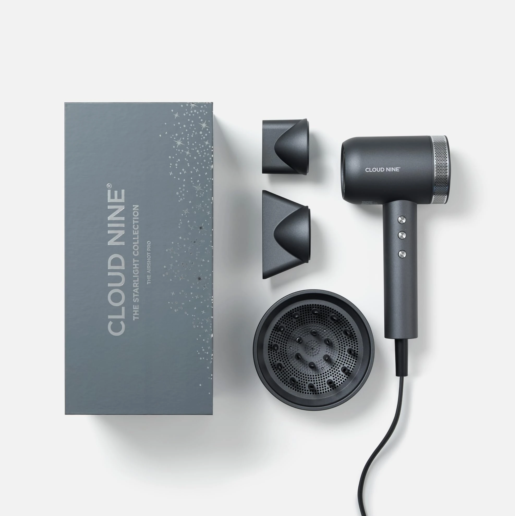 CLOUD NINE The Airshot Pro Hair Dryer Starlight Collection Grey | Powerful Salon Self Clean Mode Long Lasting Temperature Control | Eco Precision Motor Magnetic Diffuser | 1600W Lightweight & Portable