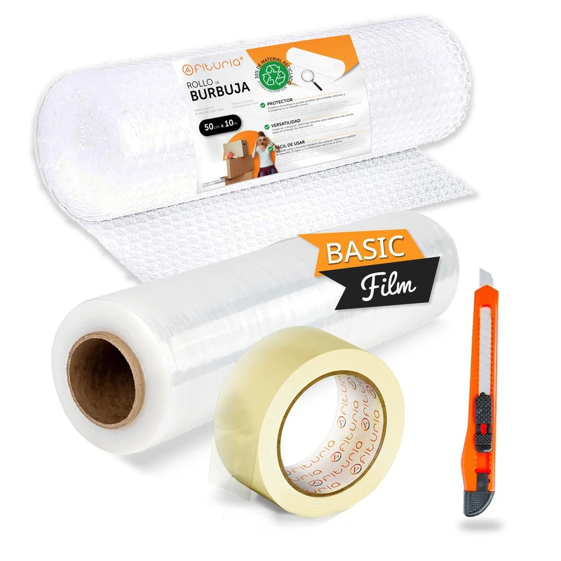 OFITURIA Adhesive Tape, Transparent Film and Bubble Roll for Box and Furniture Packaging, Complete Packaging Kit, Ideal Protection for Shipping and Moving – Ophituria (Total Kit) - Image 1