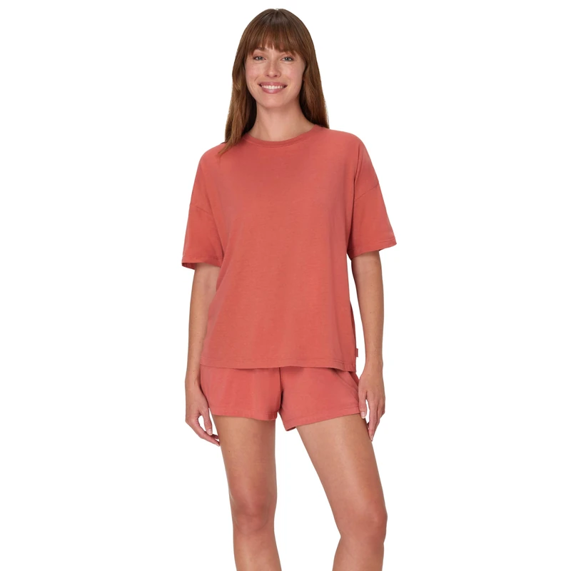 Hanes Women's Originals SuperSoft Comfywear 2 Piece Lounge Boxy T-Shirt & Sleep Shorts Loungewear Set, Natural Cedar/Natural Cedar, M