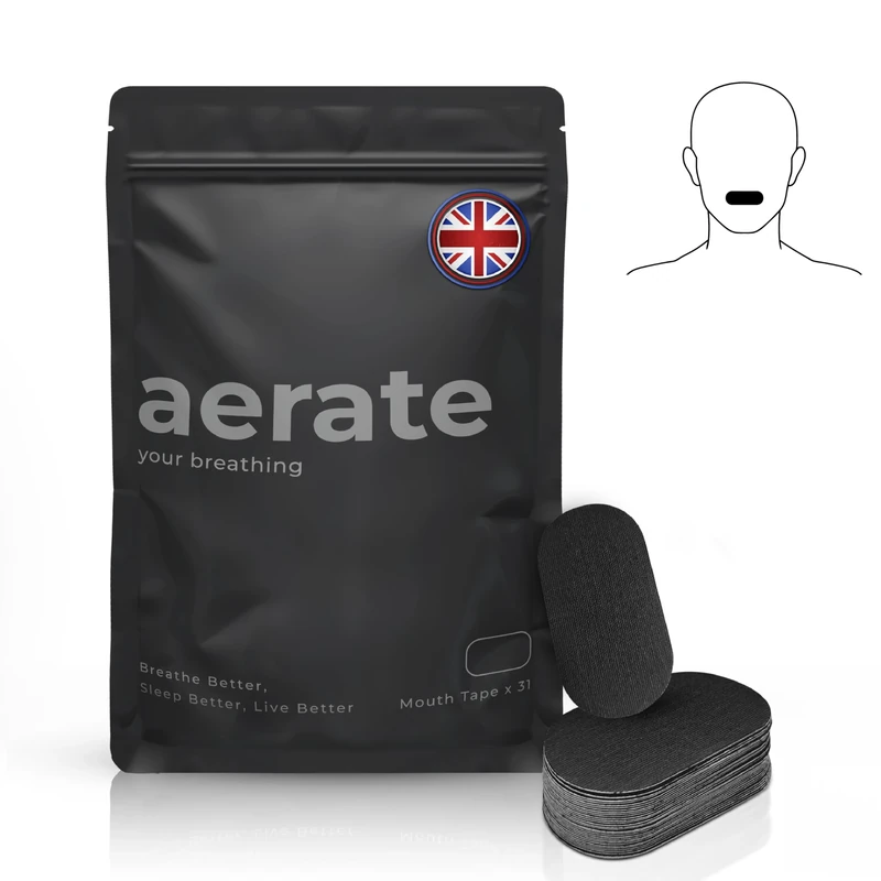 Aerate Mouth Tape for Sleeping - 31 Strips (Black) - Dermatologically Tested Snoring Aid for Men & Women, Improves Nasal Breathing, 95% Cotton, Rayon-Free, Strong Yet Gentle Medical-Grade Adhesion