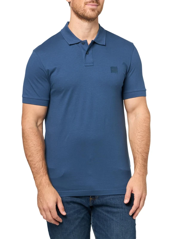 BOSS Mens Square Patch Logo Slim Fit Pique Polo Shirt, Premium Navy, Large