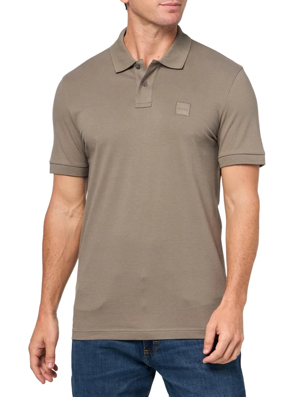 BOSS Mens Square Patch Logo Slim Fit Pique Polo Shirt, Cedar, Large