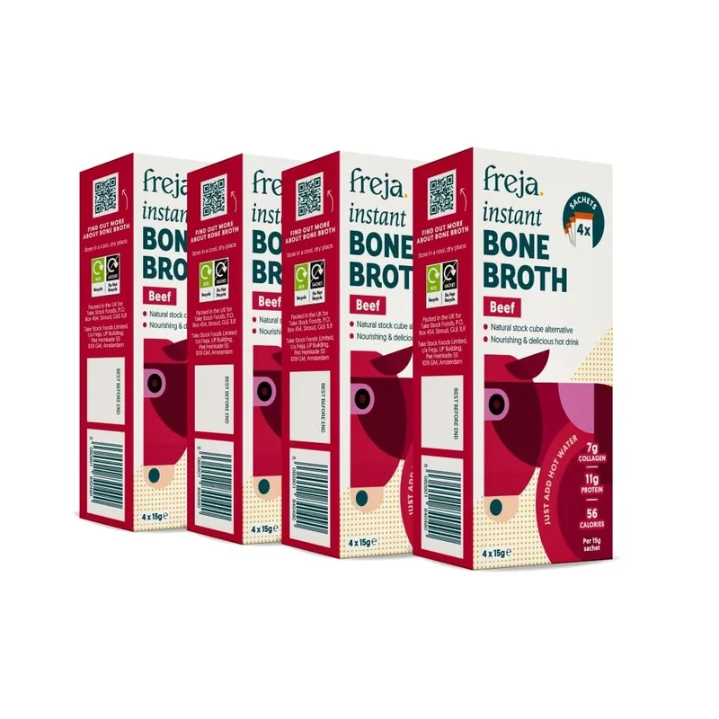 Freja Instant Beef Bone Broth | Beef | 100% Natural | Rich in Collagen, Protein & Amino Acids | Dairy & Gluten Free, 4 boxes (4 x 15g Sachets Per Box)