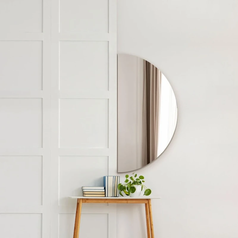 MirrorOutlet The Lunae - Large Frameless Semi Circle Moon Wall Mirror 47" X 24" (120cm X 60cm) Silver Mirror Glass On A Black Backing.