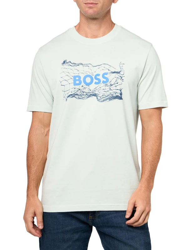 BOSS Men's Big Logo Chain Cotton T-Shirt, Open Air Blue, XL - Image 1