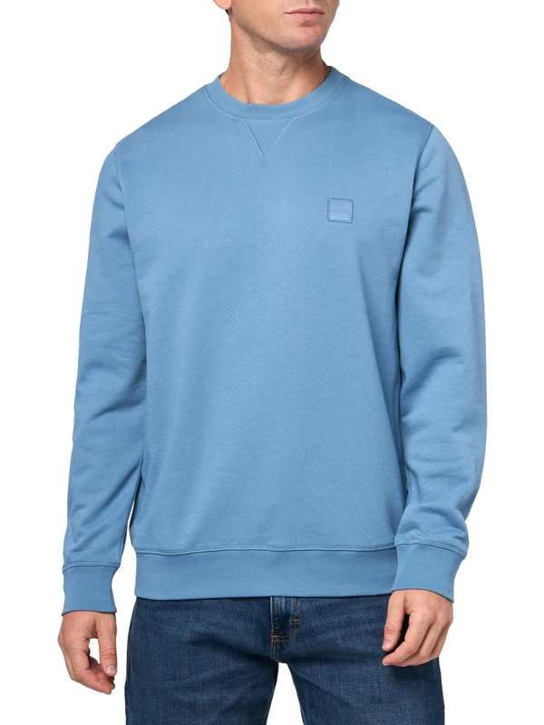 BOSS Men's Westart Regular Fit Cotton Terry Sweatshirt with Logo Patch, Quartz Blue Fade, M