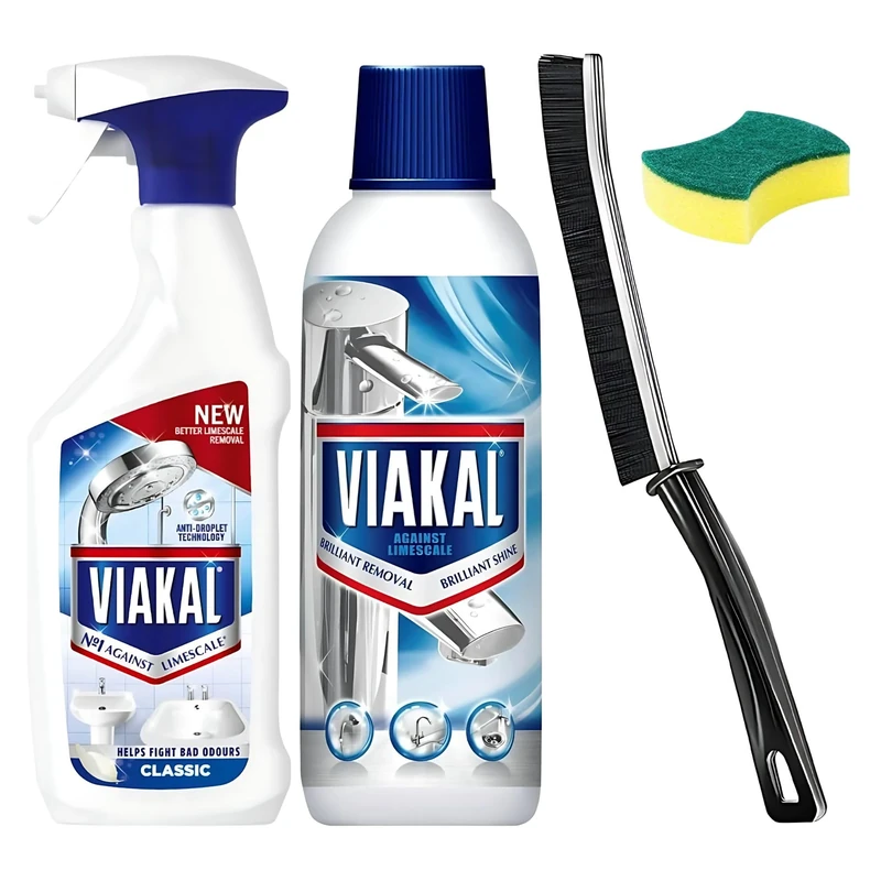 Complete Limescale Removing Bundle including Original Limescale Remover Spray 500ml, Original Limescale Remover Cleaning Liquid Bottle 500ml, Crevice Cleaning Brush, and Scrub Sponge
