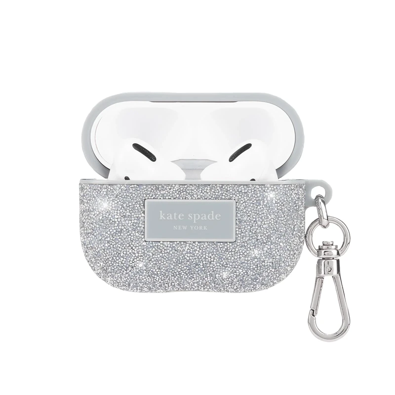kate spade new york AirPods Pro Protective Case with Keychain Ring - Crystal Pave Silver, Compatible with AirPods Pro 2nd / 1st Generation - Image 1