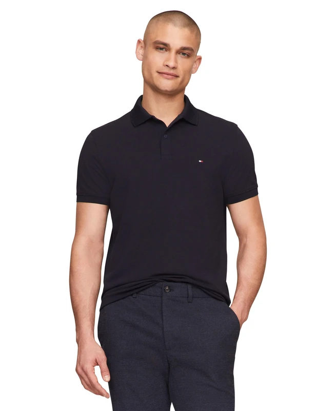 Tommy Hilfiger Men's Short Sleeve Polo Shirts in Classic Fit with Stretch and Organic Pique Cotton, Desert Sky, Large - Image 1
