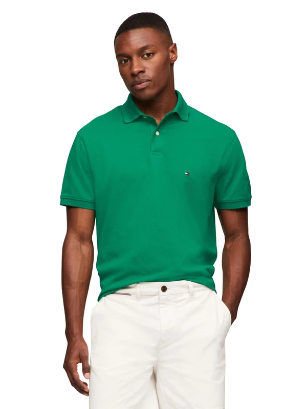Tommy Hilfiger Men's Short Sleeve Polo Shirts in Classic Fit with Stretch and Organic Pique Cotton, Nouveau Green, Medium