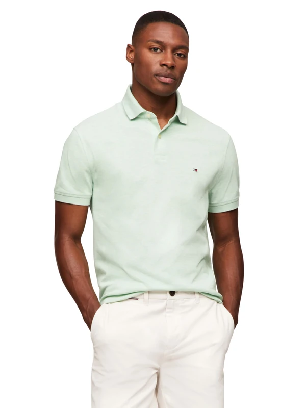 Tommy Hilfiger Men's Short Sleeve Polo Shirts in Classic Fit with Stretch and Organic Pique Cotton, Mint Gel Heather, S