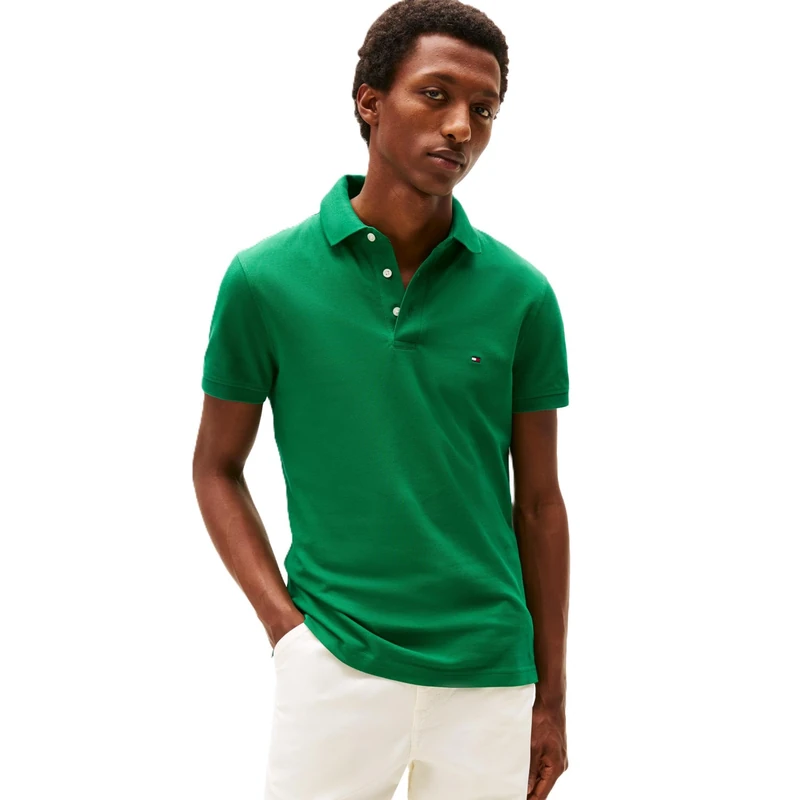 Tommy Hilfiger Men's Short Sleeve Polo Shirts in Slim Fit with Stretch and Organic Pique Cotton, Nouveau Green, Large