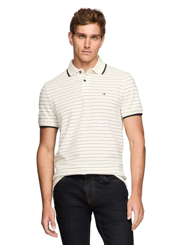 Tommy Hilfiger Men's Short Sleeve Casual Polo Shirts in Regular Fit with Stripe Designs, Ivory Petal/Desert Sky, XL