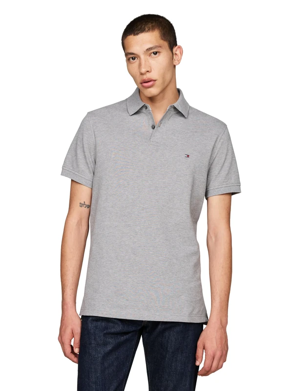 Tommy Hilfiger Men's Short Sleeve Polo Shirts in Classic Fit with Stretch and Organic Pique Cotton, Medium Grey Heather, XL