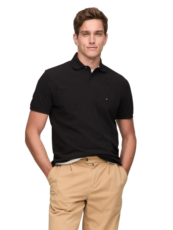 Tommy Hilfiger Men's Short Sleeve Polo Shirts in Classic Fit with Stretch and Organic Pique Cotton, Black, XL - Image 1
