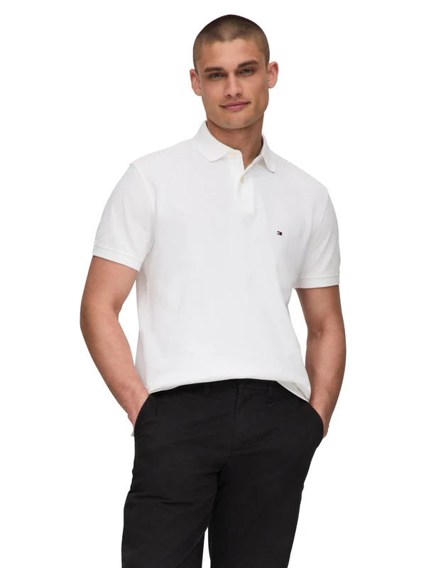 Tommy Hilfiger Men's Short Sleeve Polo Shirts in Classic Fit with Stretch and Organic Pique Cotton, White, Medium