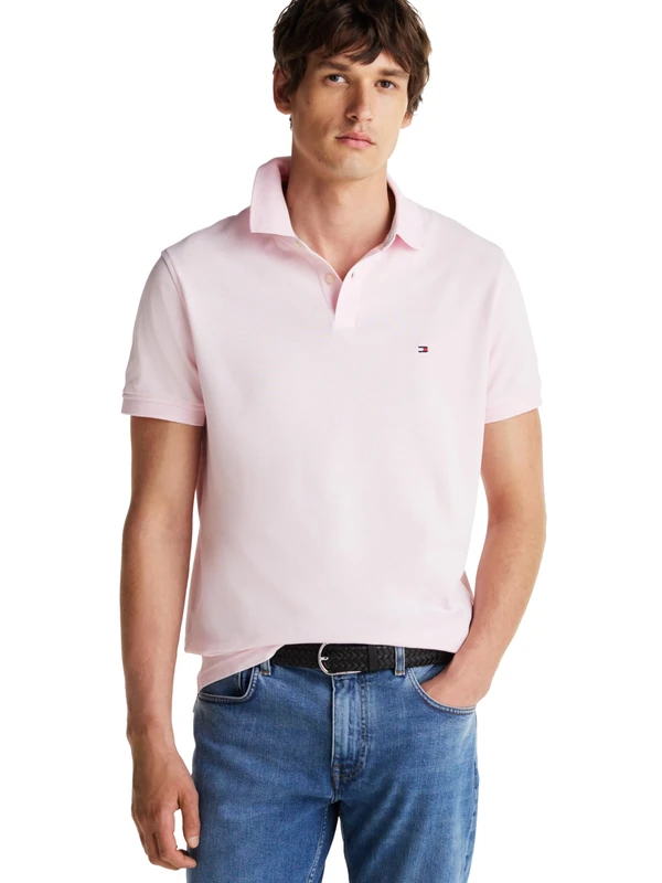 Tommy Hilfiger Men's Short Sleeve Polo Shirts in Classic Fit with Stretch and Organic Pique Cotton, Light Pink, Medium