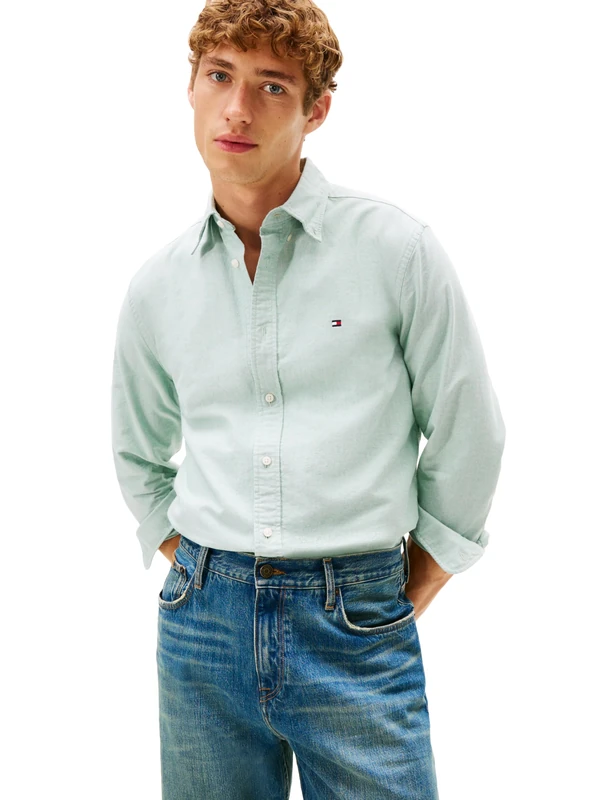 Tommy Hilfiger Long Sleeve Oxford Regular Fit, Men's Button Down Shirts, Also Available in Big and Tall, Nouveau Green, S