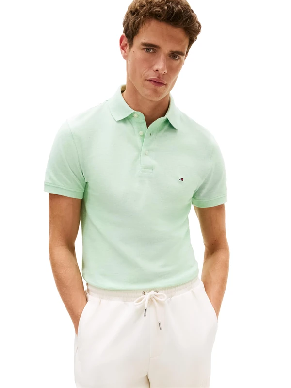 Tommy Hilfiger Men's Short Sleeve Polo Shirts in Slim Fit with Stretch and Organic Pique Cotton, Mint Gel Heather, S