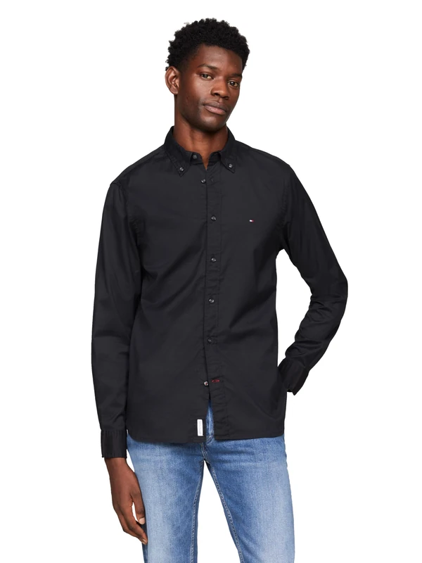 Tommy Hilfiger Long Sleeve Poplin Regular Fit, Men's Button Down Shirts, Also Available in Big and Tall, Black, XXL