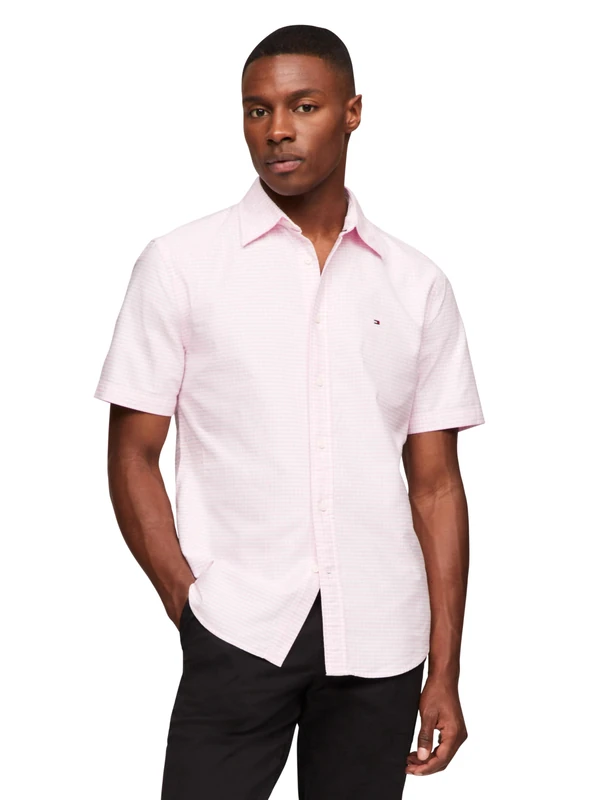 Tommy Hilfiger Short Sleeve Oxford Regular Fit, Men's Button Down Shirts, Classic Pink/Check, XXL - Image 1