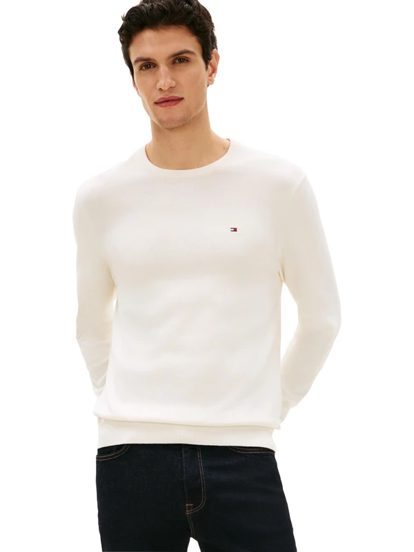 Tommy Hilfiger Men's Cotton Solid Crewneck Sweater Lightweight Pullover, Also Available in Big & Tall, Ivory Petal, Large