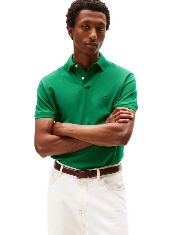 Tommy Hilfiger Men's Short Sleeve Polo Shirts in Classic Fit with Stretch and Organic Pique Cotton, Nouveau Green, Large