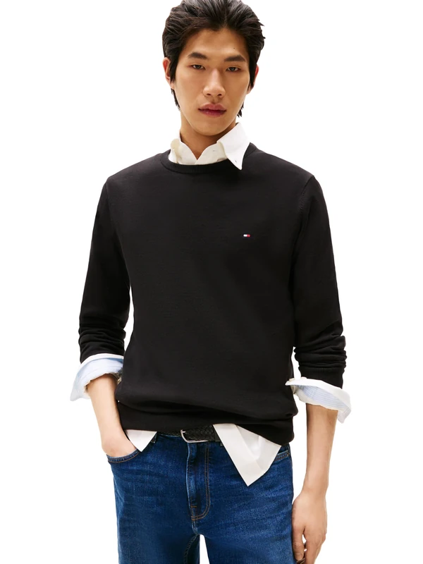 Tommy Hilfiger Men's Cotton Solid Crewneck Sweater Lightweight Pullover, Also Available in Big & Tall, Pull, Black, XS