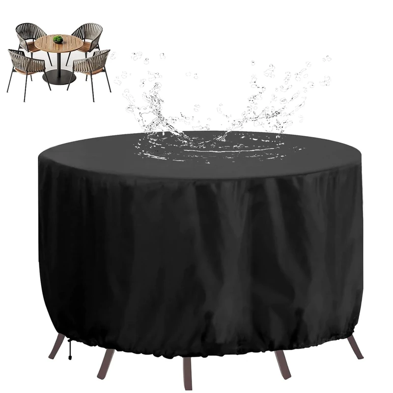 XHBJSH Garden Furniture Covers Waterproof 260x70cm Round Outdoor Table Cover, Heavy Duty 420D Oxford Fabric Outdoor Table and Chairs Cover, Circular Patio Table Cover Windproof, Anti-UV, Black