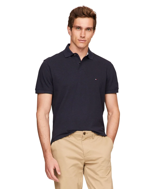 Tommy Hilfiger Men's Short Sleeve Polo Shirts in Classic Fit with Stretch and Organic Pique Cotton, Desert Sky Heather, XXL - Image 1